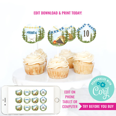 Camping Party Cupcake Toppers for a Boy