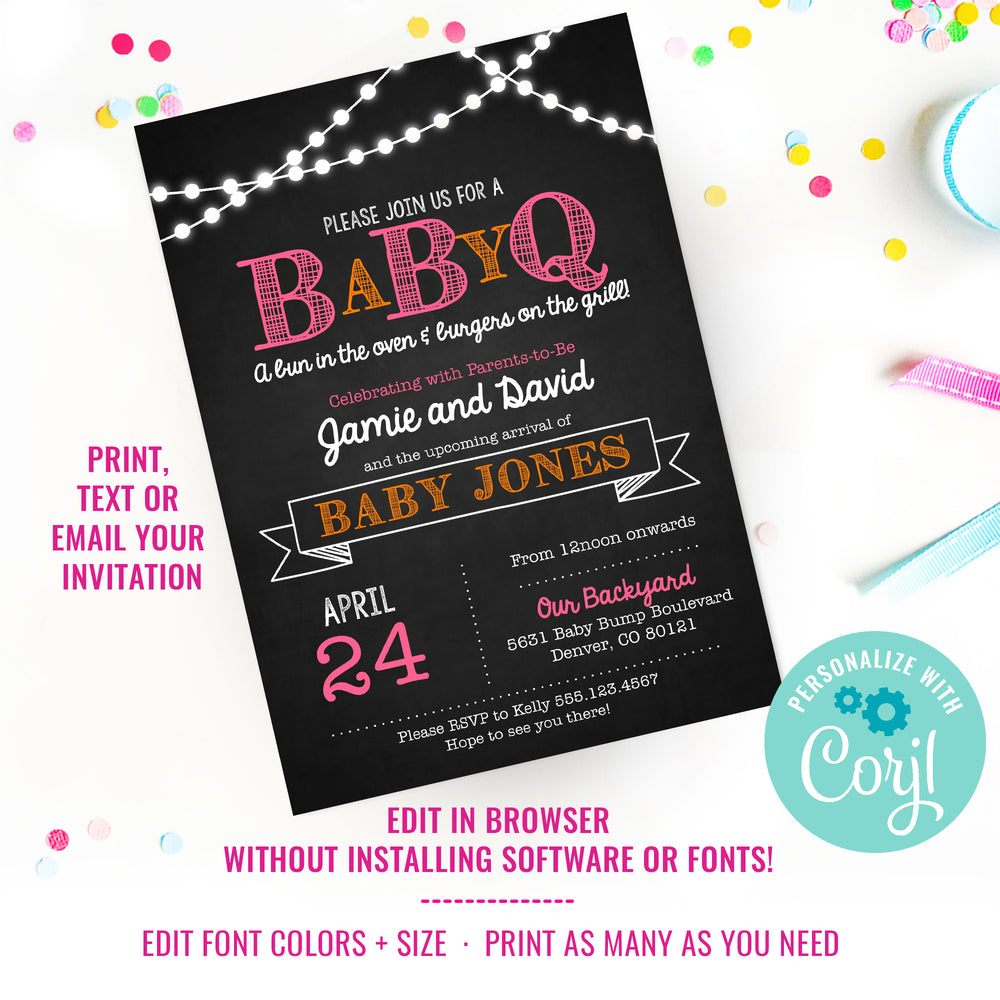 Chalkboard BaBy-Q Baby Shower for a Girl  BBQ Baby Shower Invitation –  Sunshine Parties