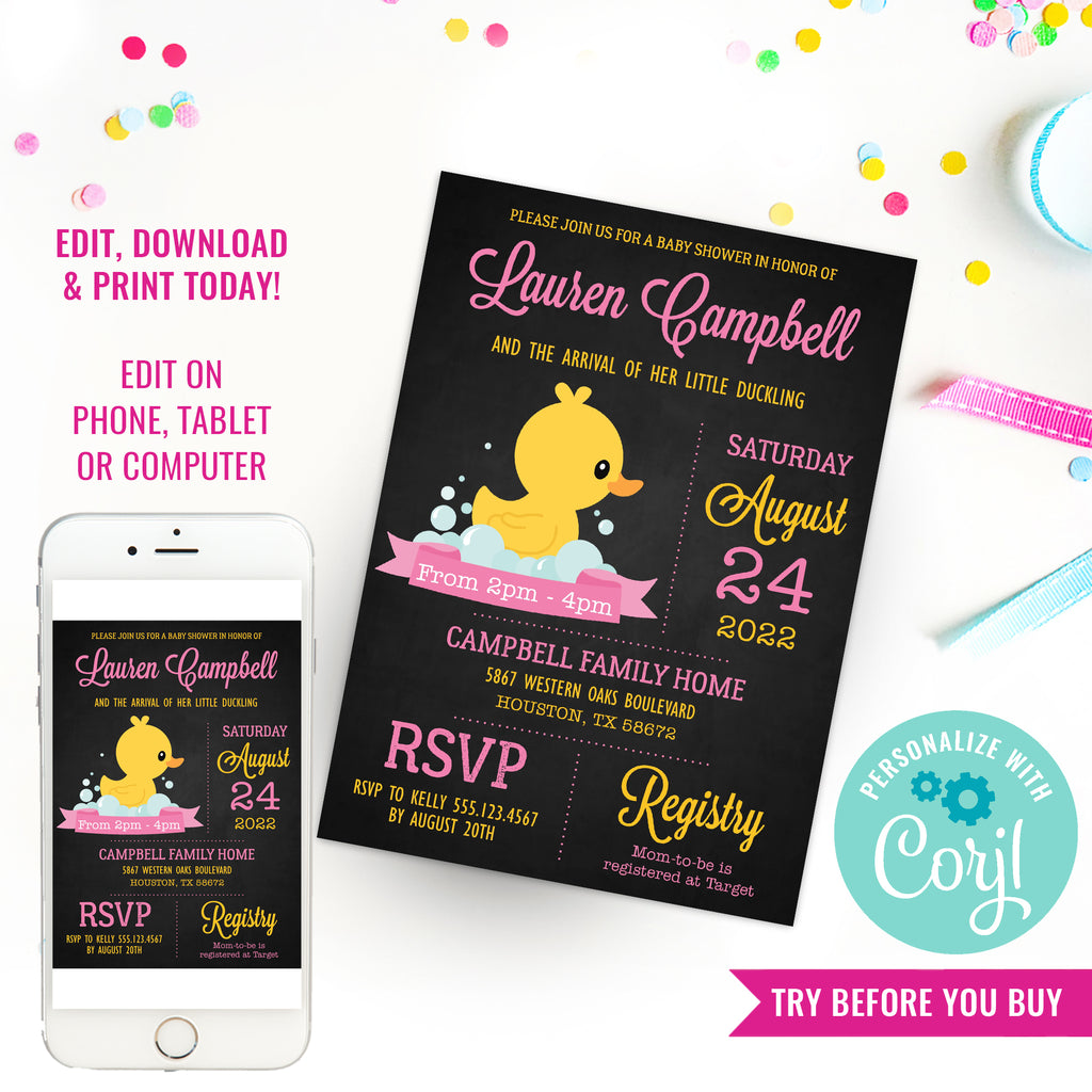 Rubber Duck Baby Shower Invitation For A Girl