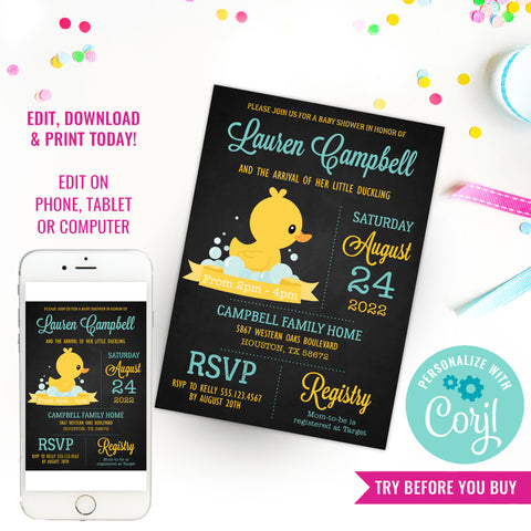 Rubber Duck Baby Shower Invitation For A Girl or Boy