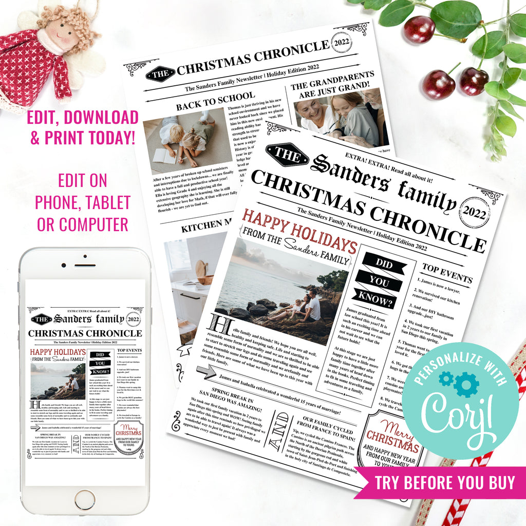 Family Christmas Newsletter Template | Editable Year In Review | Two Pages Old Newspaper Style