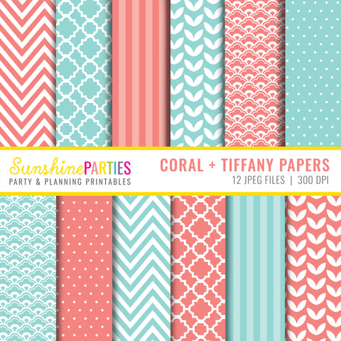 Coral and Tiffany Digital Paper Set | Digital Paper Bundle