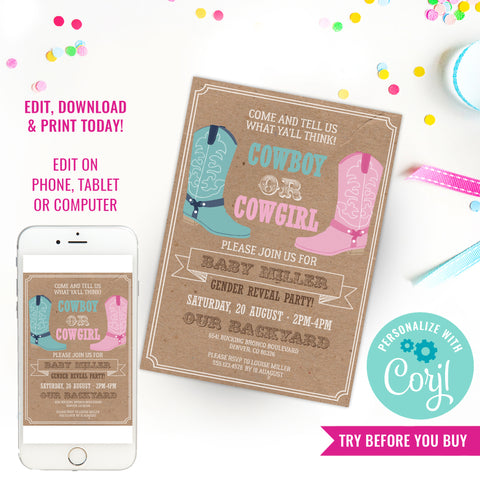 Cowboy or Cowgirl Gender Reveal Party Invitation | Pink Or Blue Gender Reveal