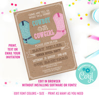 Cowboy or Cowgirl Gender Reveal Party Invitation | Pink Or Blue Gender Reveal