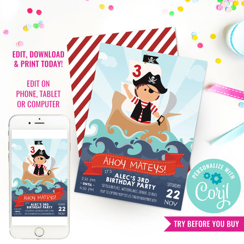 Pirate Birthday Party Invitation for a Boy | Pirate Ship Invite