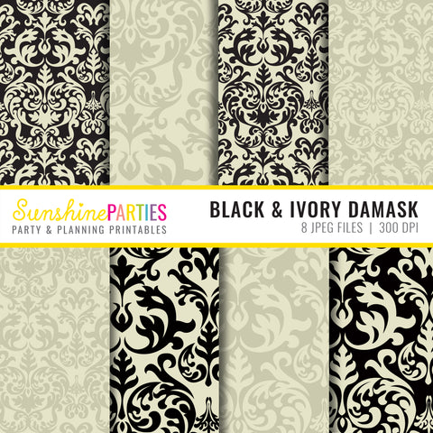 Black and Ivory Damask Digital Paper Designs
