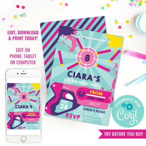 Dart Gun Birthday Party Invitation for Girls | Dart Gun Party Invitation