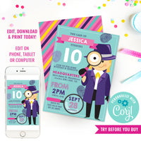 Detective Party Invitation for Girls | Girl Spy Party Invitation | Secret Agent Birthday Party Invitation