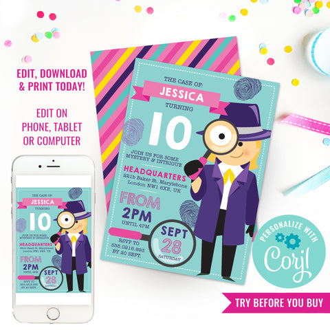 Detective Party Invitation for Girls | Girl Spy Party Invitation | Secret Agent Birthday Party Invitation