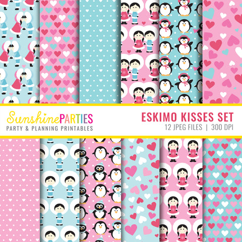 Cute Eskimo Kisses Pink and Blue Digital Paper set