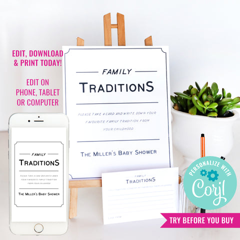 Family Traditions Sign and Card | Baby Shower Game | Share a Memory
