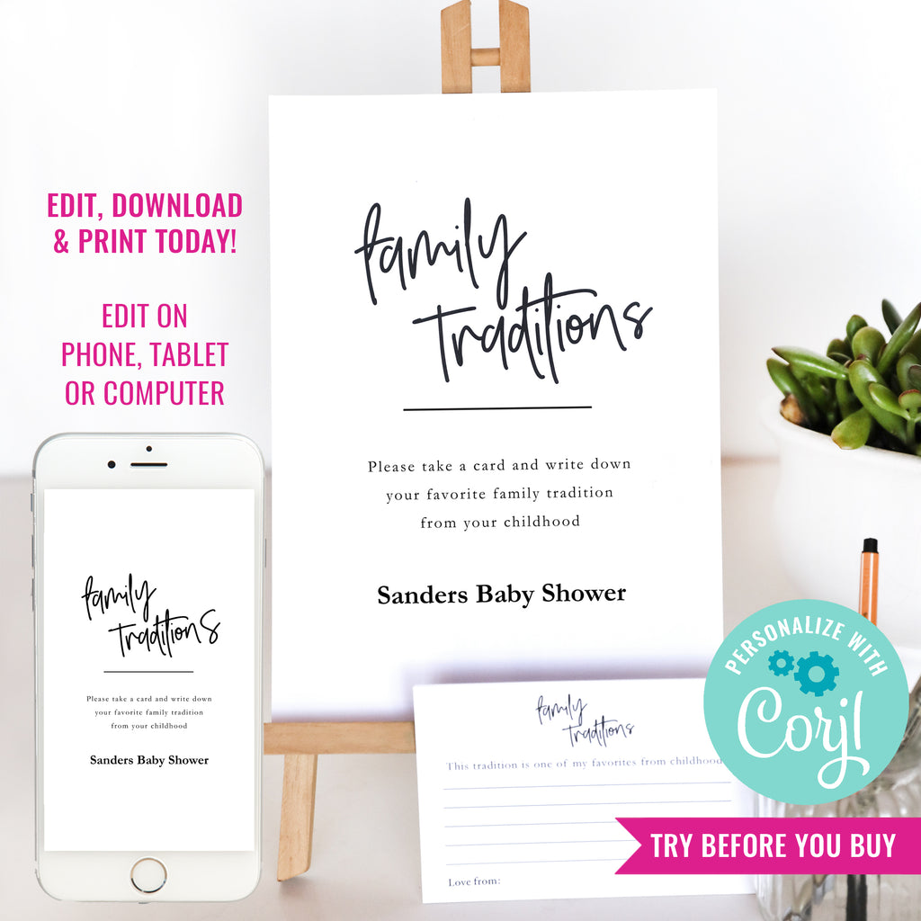 Modern Family Traditions Sign and Card | Baby Shower Game | Share a Memory