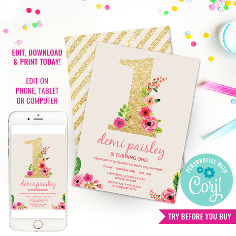 Girl First Birthday Invitation | Gold Glitter Floral Watercolor