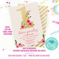 Girl First Birthday Invitation | Gold Glitter Floral Watercolor