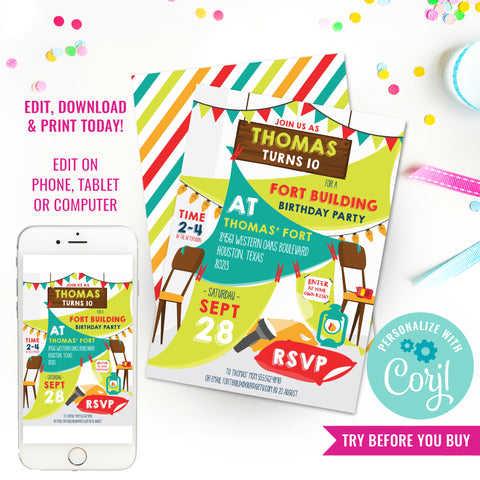 Fort Building Party Invitation | Boys Fort Party Invitation