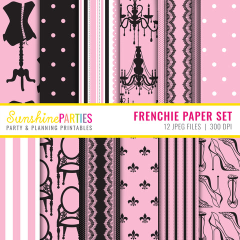 French Pink and Black Digital Paper Set | Digital Paper Bundle