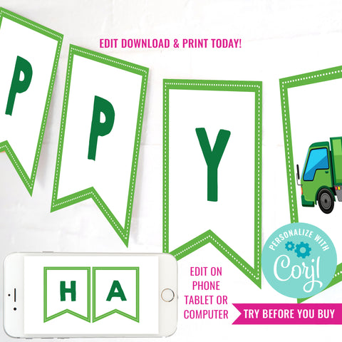 Garbage Truck Party Happy Birthday Banner | Garbage Truck Party Banner