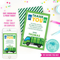 Garbage Truck Party Thank You Card 