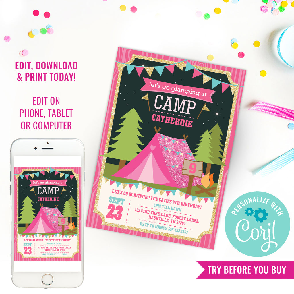 Glamping Party Invitation for a Girl | Summer Campout Invite