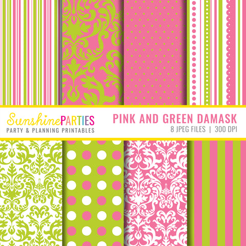 Green and pink damask digital paper designs