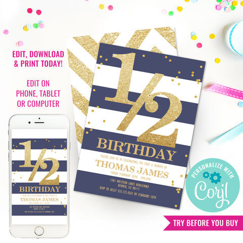 Half Birthday Invitation For a Boy | Blue And White Stripe Invitation