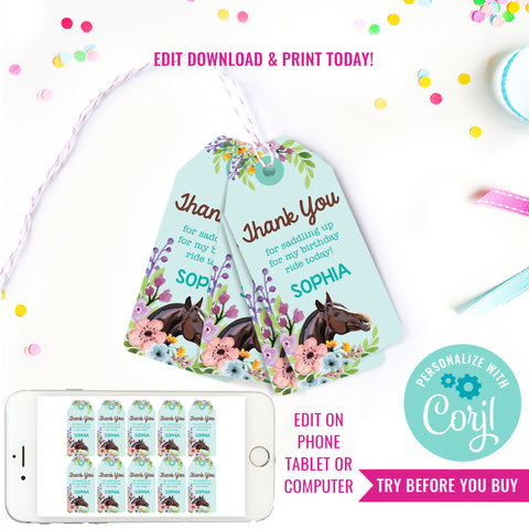 Horse Birthday Party Favor Tags for a Girl