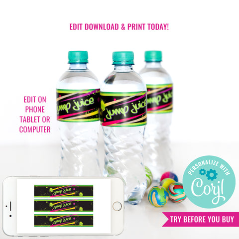 Jump Party Water Bottle Labels | Bounce Birthday Party Label | Trampoline Park Birthday Drinks Labels