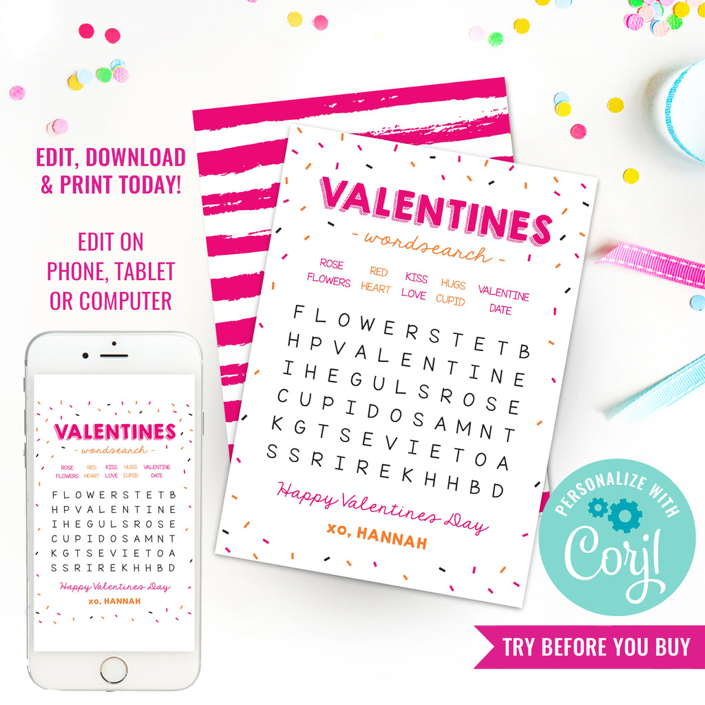 Valentines Day Word search Card | Valentines Games | Kids Classmate Valentines Day Card
