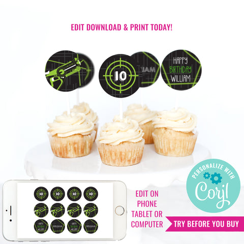 Laser Tag Birthday Party Cupcake Toppers