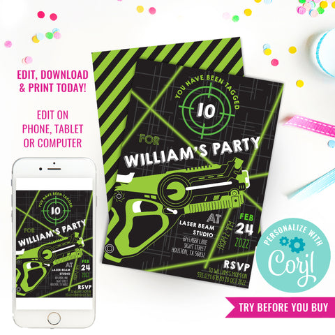 Laser Tag Birthday Party Invitation for a Boy