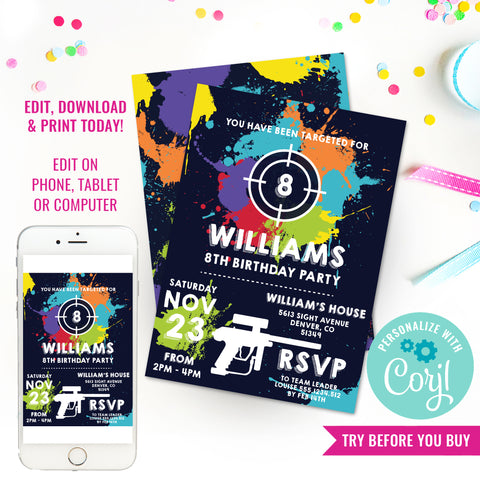 Laser Tag Birthday Party Invitation for a Boy | Paintball Party Invitation | Navy Background