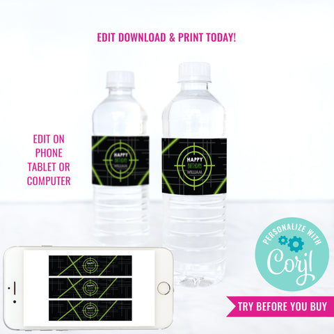 Laser Tag Birthday Party Water Bottle Labels