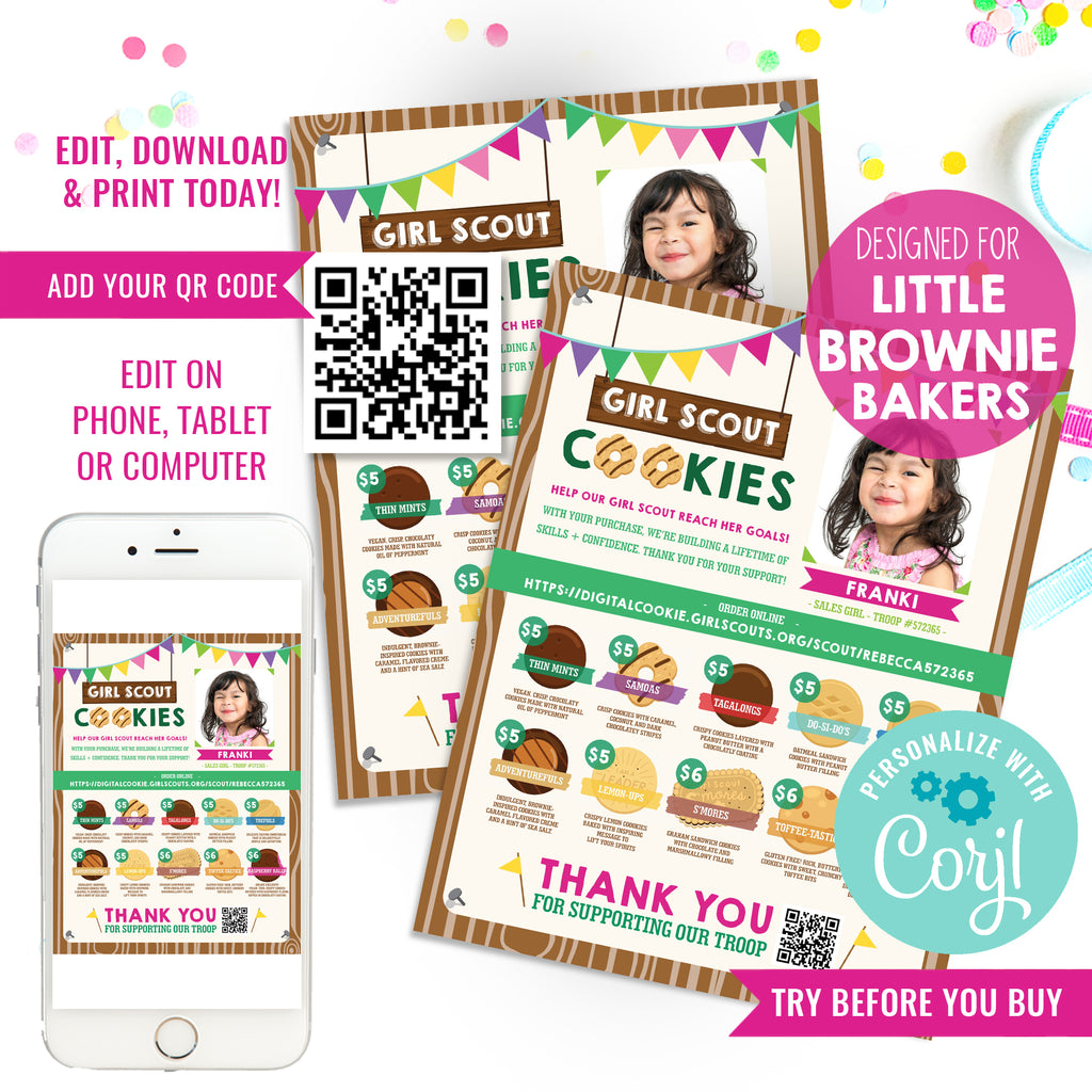 Copy of Girl Scout Cookie Desk Sign Flyer | 2023 ABC Girl Scout Cookie Menu | Sale Flyer | Custom QR/Picture