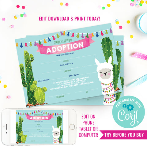 Llama Adoption Party | Llama adoption Certificate | Llama Party Decor