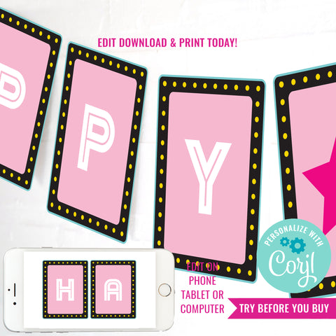 Movie Night Party Birthday Banner | Girls Movie Night Happy Birthday Sign