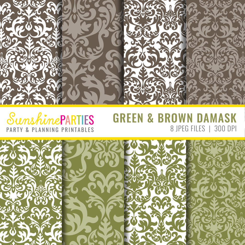 Damask Olive Green and Brown Digital Paper Set | Digital Paper Bundle