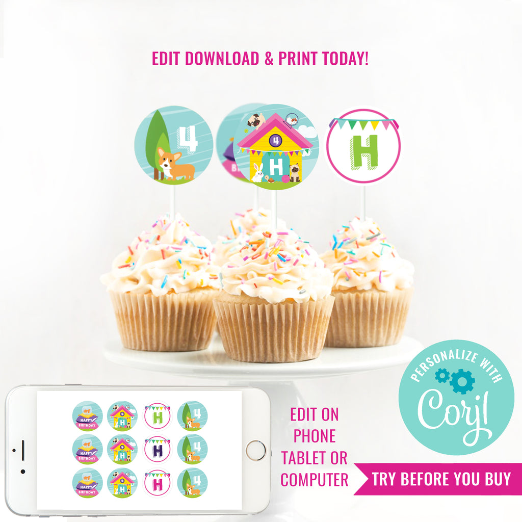 Pet Adoption Party Cupcake Toppers for Girls | Pet Party