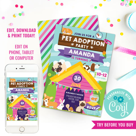 Pet Adoption Party Invitation for Girls