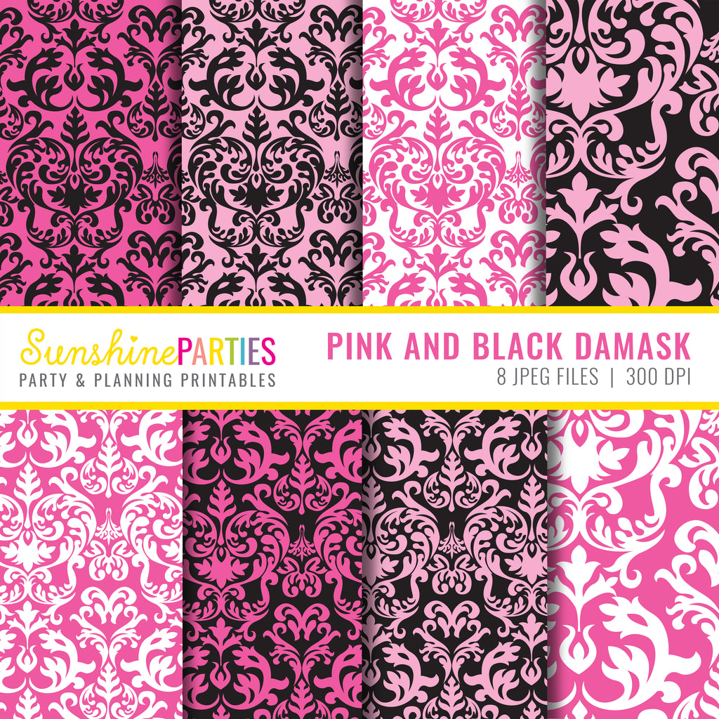 Damask Pink and Black Digital Paper Set | Digital Paper Bundle