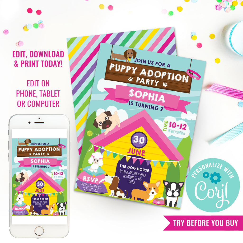 Puppy Adoption Party Invitation for Girls | Pet Party