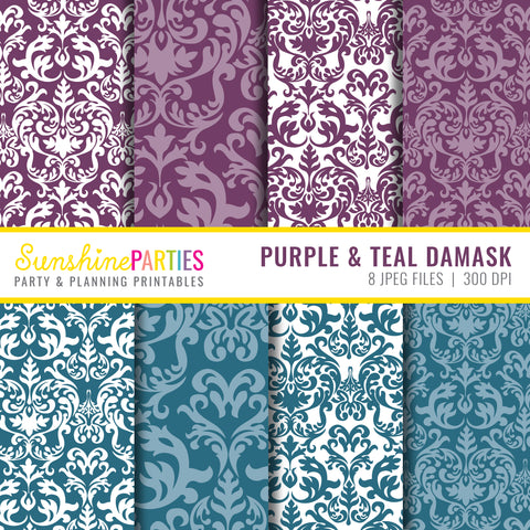 Purple and Teal Damask Digital Paper Set