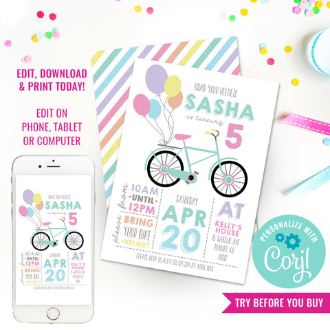 Rainbow Bicycle Birthday Party Invitation | Vintage Girls Bike Birthday Invitation