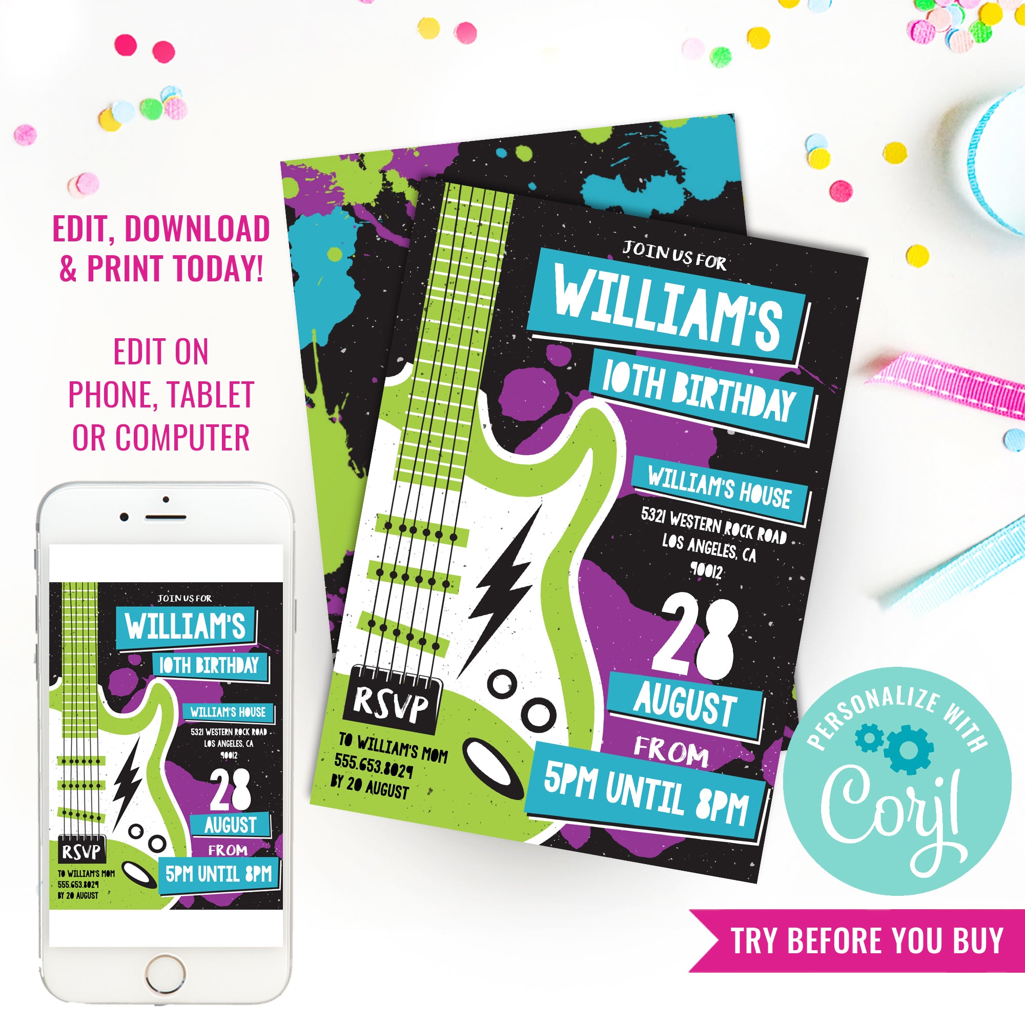 Rock Roll Printable Party Invitations