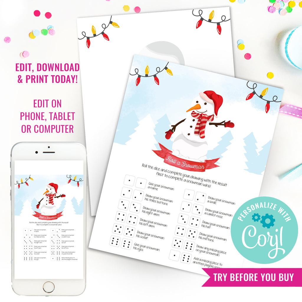 Roll A Snowman Dice Christmas Game | Printable Christmas Family Game | Holiday Game