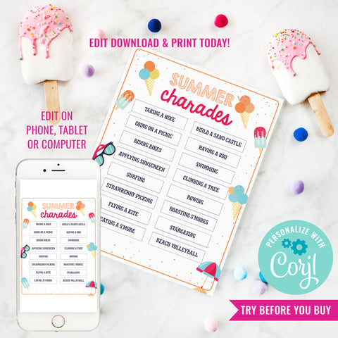 Printable Summer Charades Game for kids | Printable Kids Game | Printable Family Game