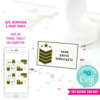 Army Tank Birthday Party Food Labels