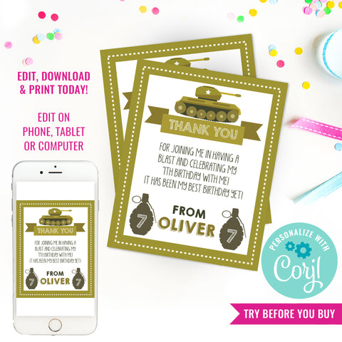 Army Tank Birthday Party Thank You Card
