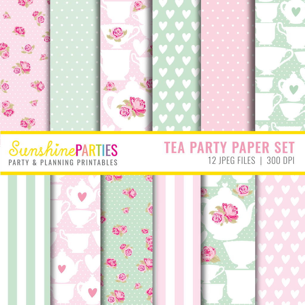 Mint Green and Pastel Pink Tea Party Scrapbooking Papers