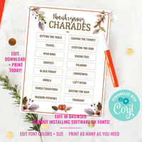 Printable Thanksgiving Charades Game | Printable Thanksgiving Dinner Game | Printable Family Game