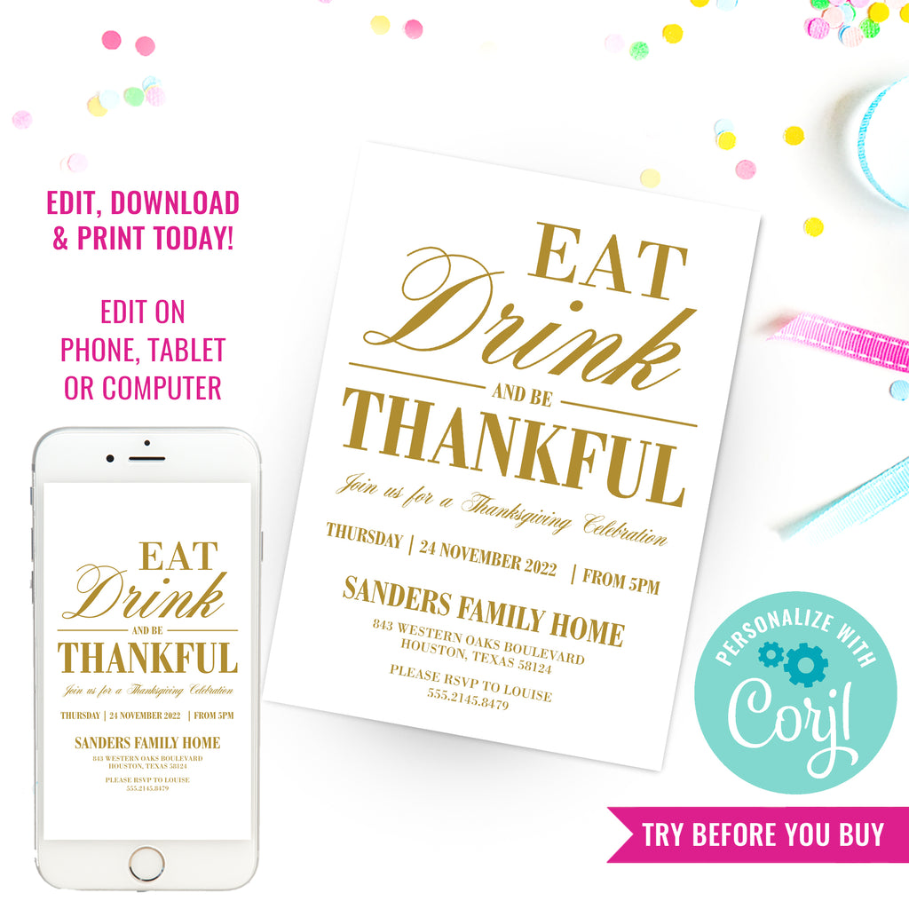 Traditional Thanksgiving Invitation | Gold and White | Eat, Drink and Be Thankful